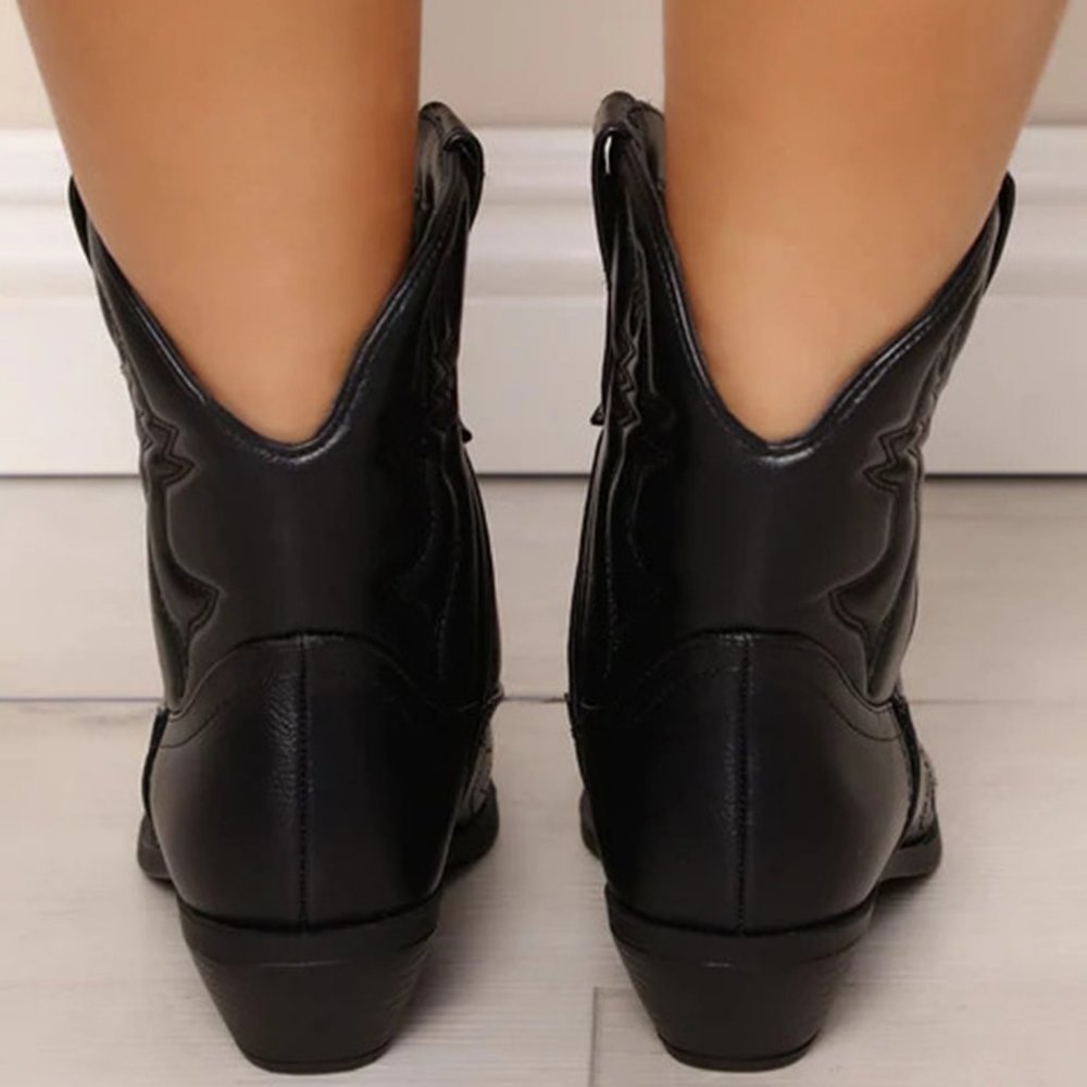 Black Embroidered Cowgirl Booties Ankle Boot Block Low Heel Pull-On - Picture 4 of 4